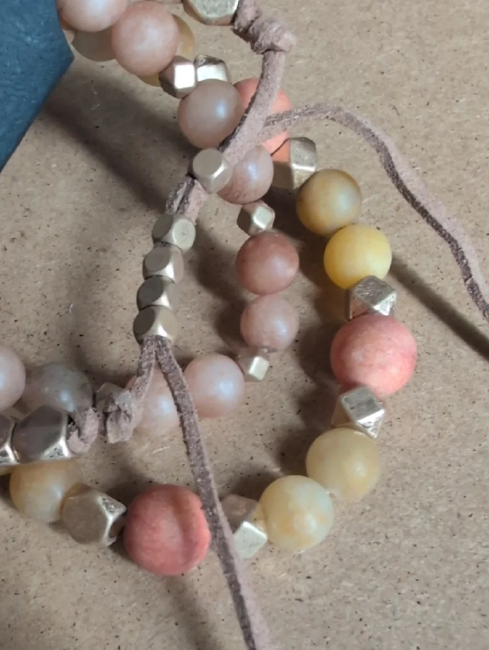 Peach & Cream Beaded Stretch Bracelet Trio with Gold Accents